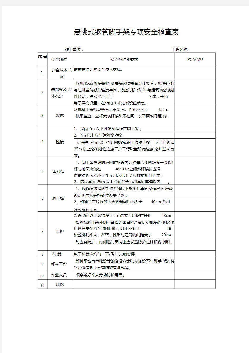 悬挑式钢管脚手架安全检查表