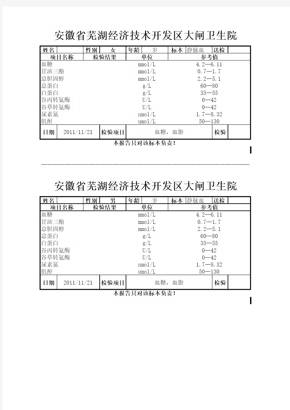 生化检验报告 