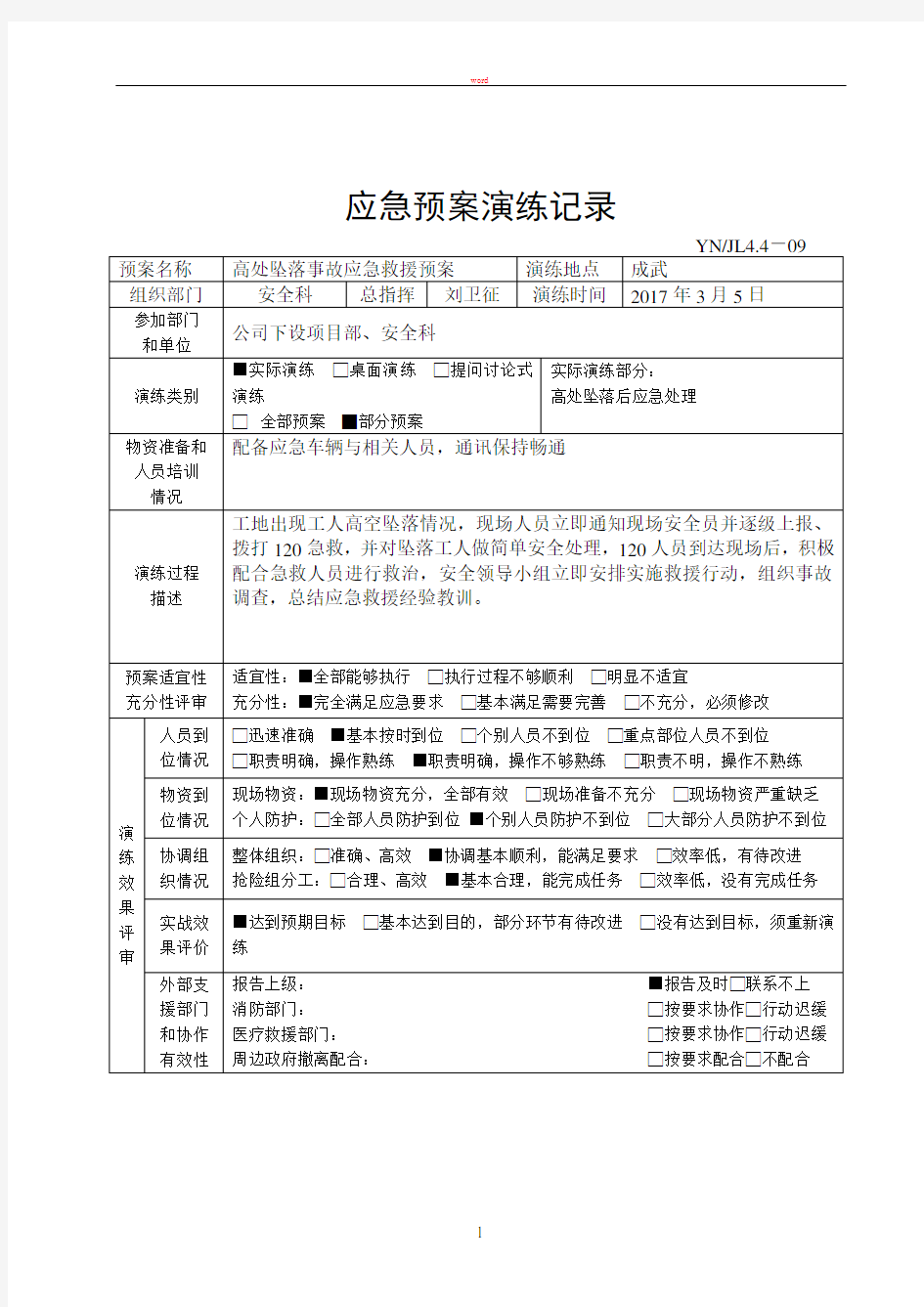 施工企业应急预案演练记录表