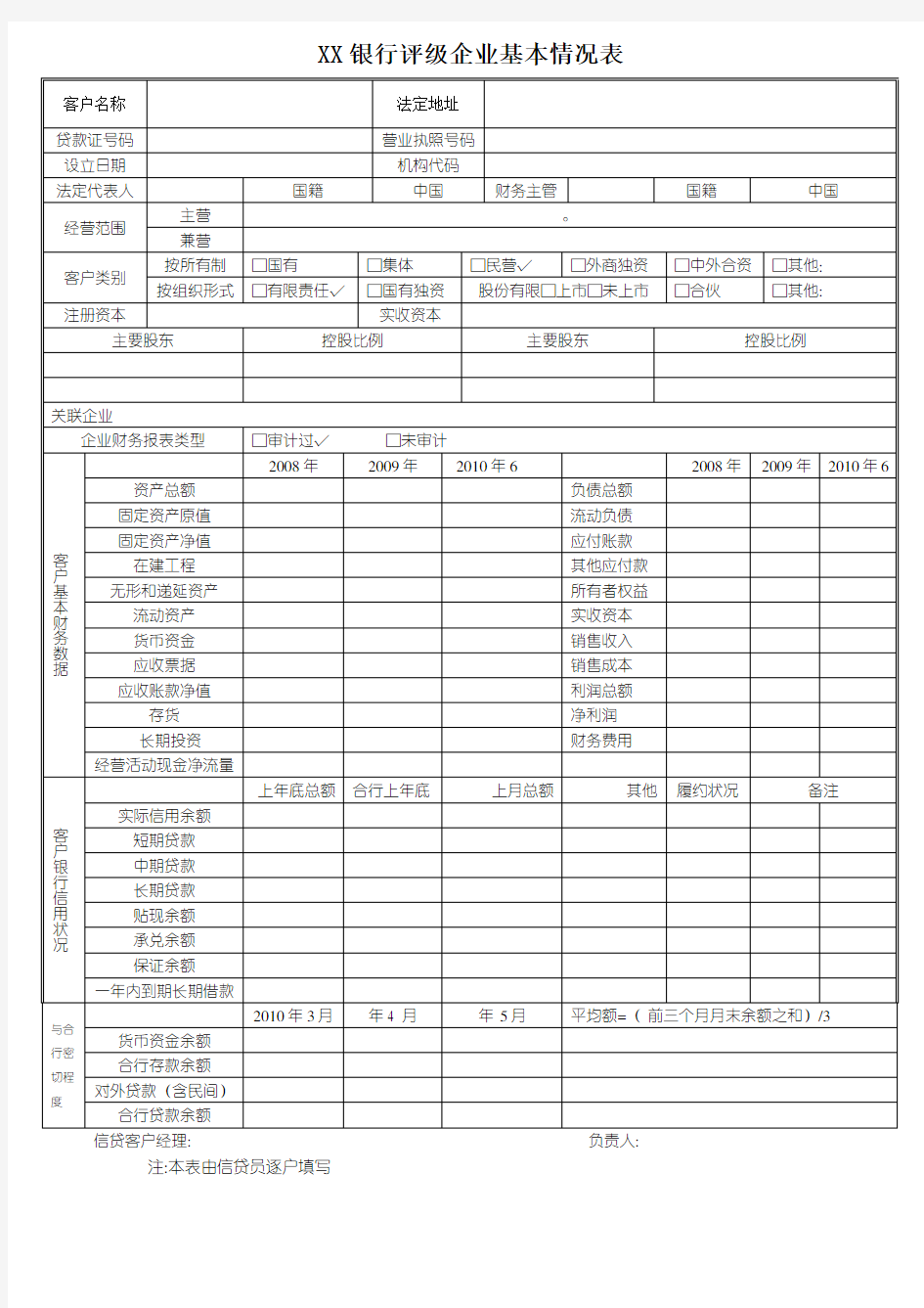 银行企业信用等级评定表