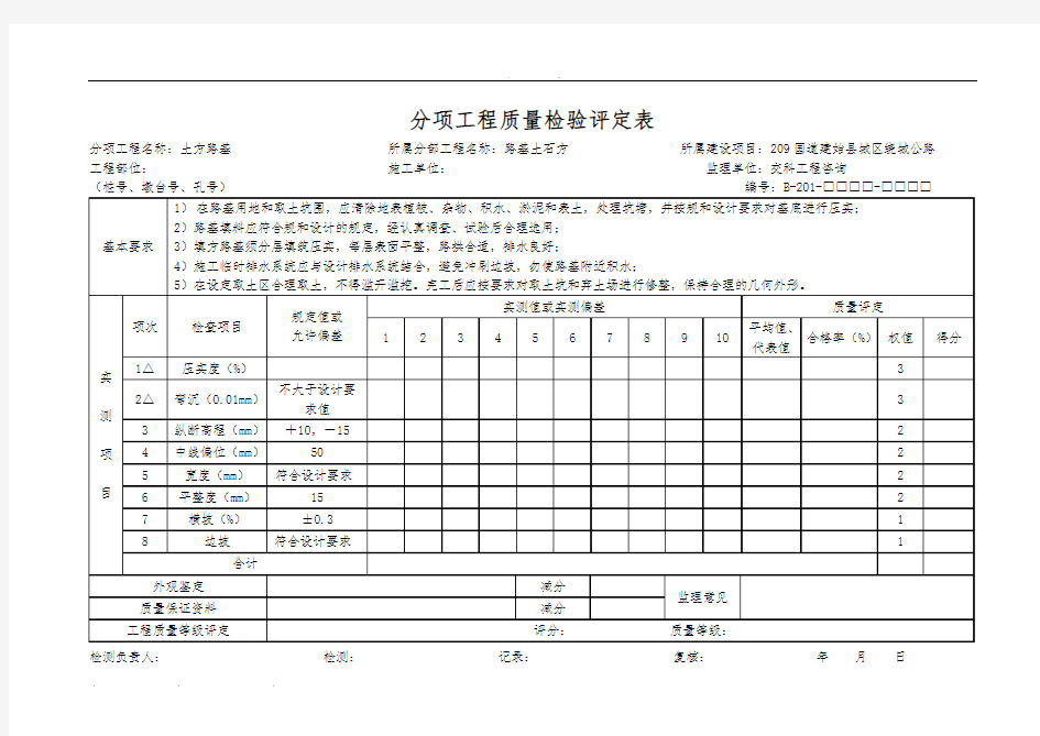 分项工程质量检验评定表(路基工程)