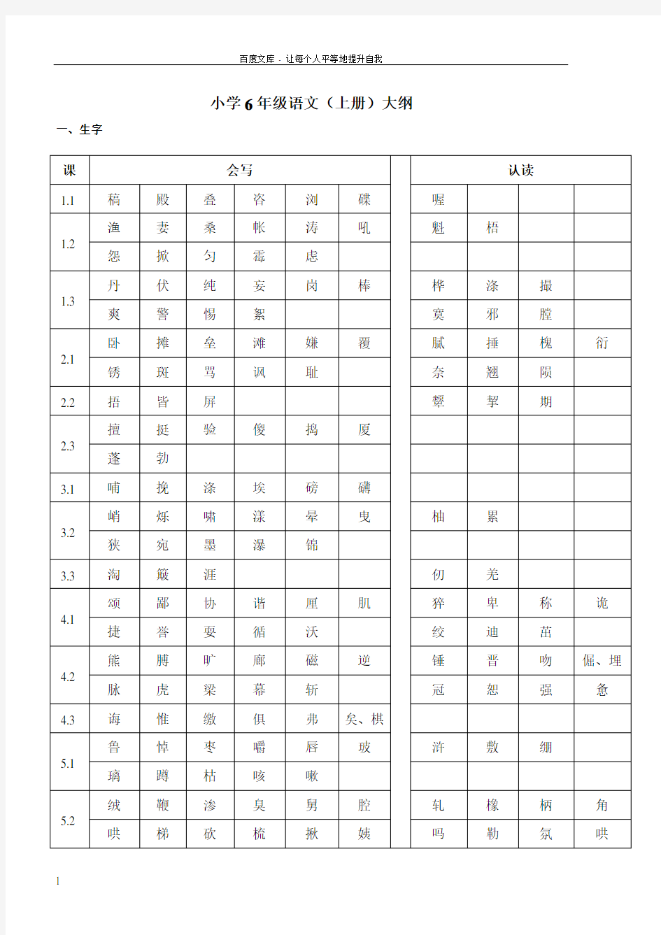 北师大版六年级语文上册复习资料(供参考)