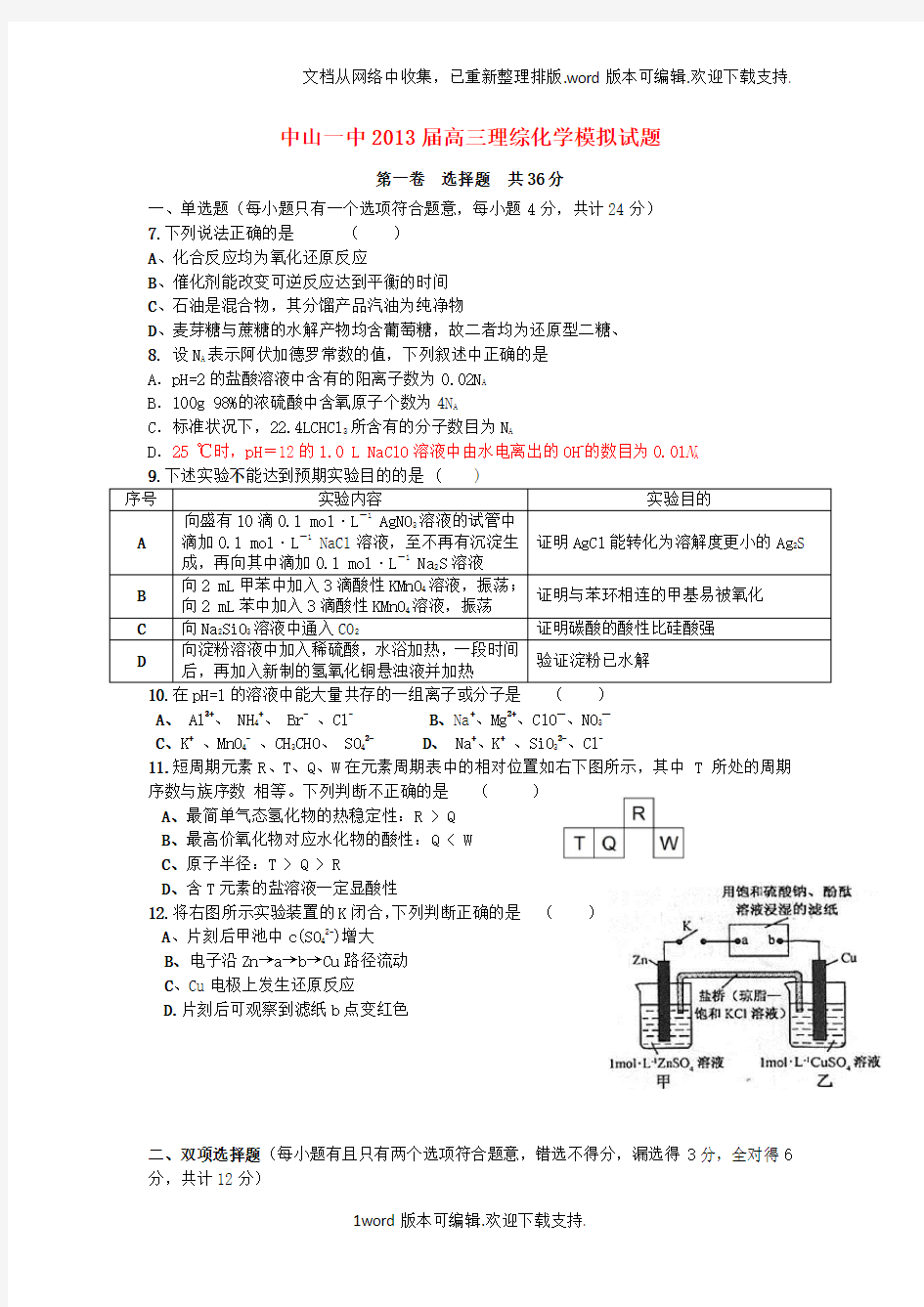 高三化学模拟试题苏教版