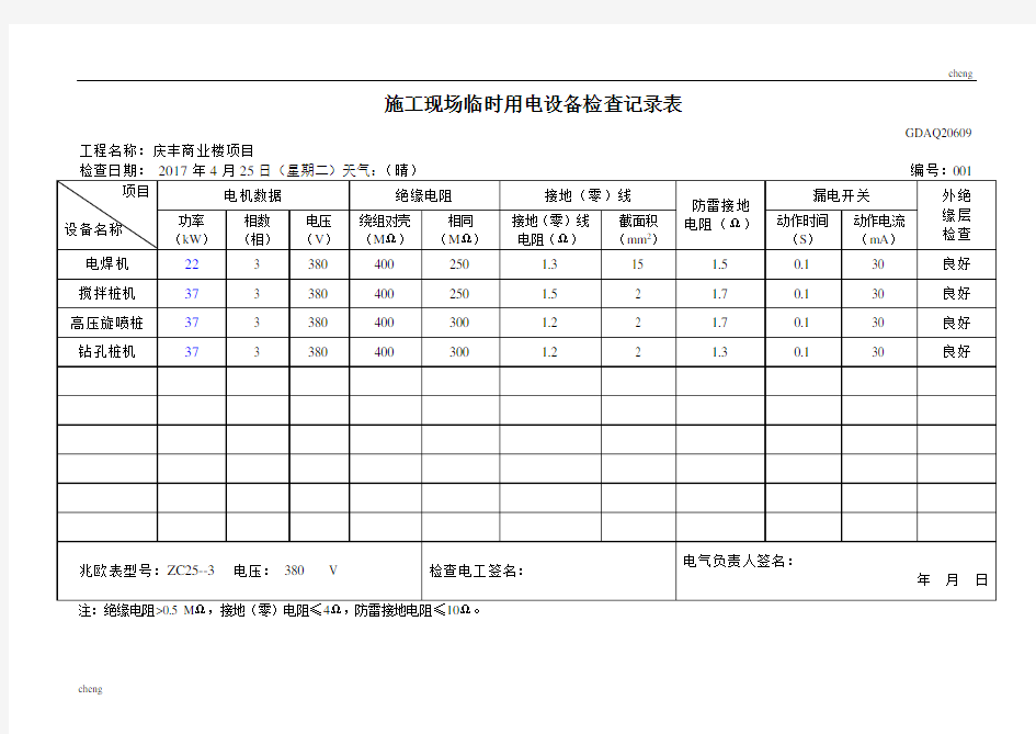 施工现场临时用电设备检查作业记录表[001](范本)