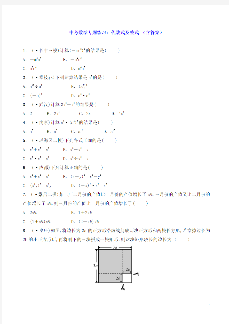 中考数学专题练习：代数式及整式 (含答案)