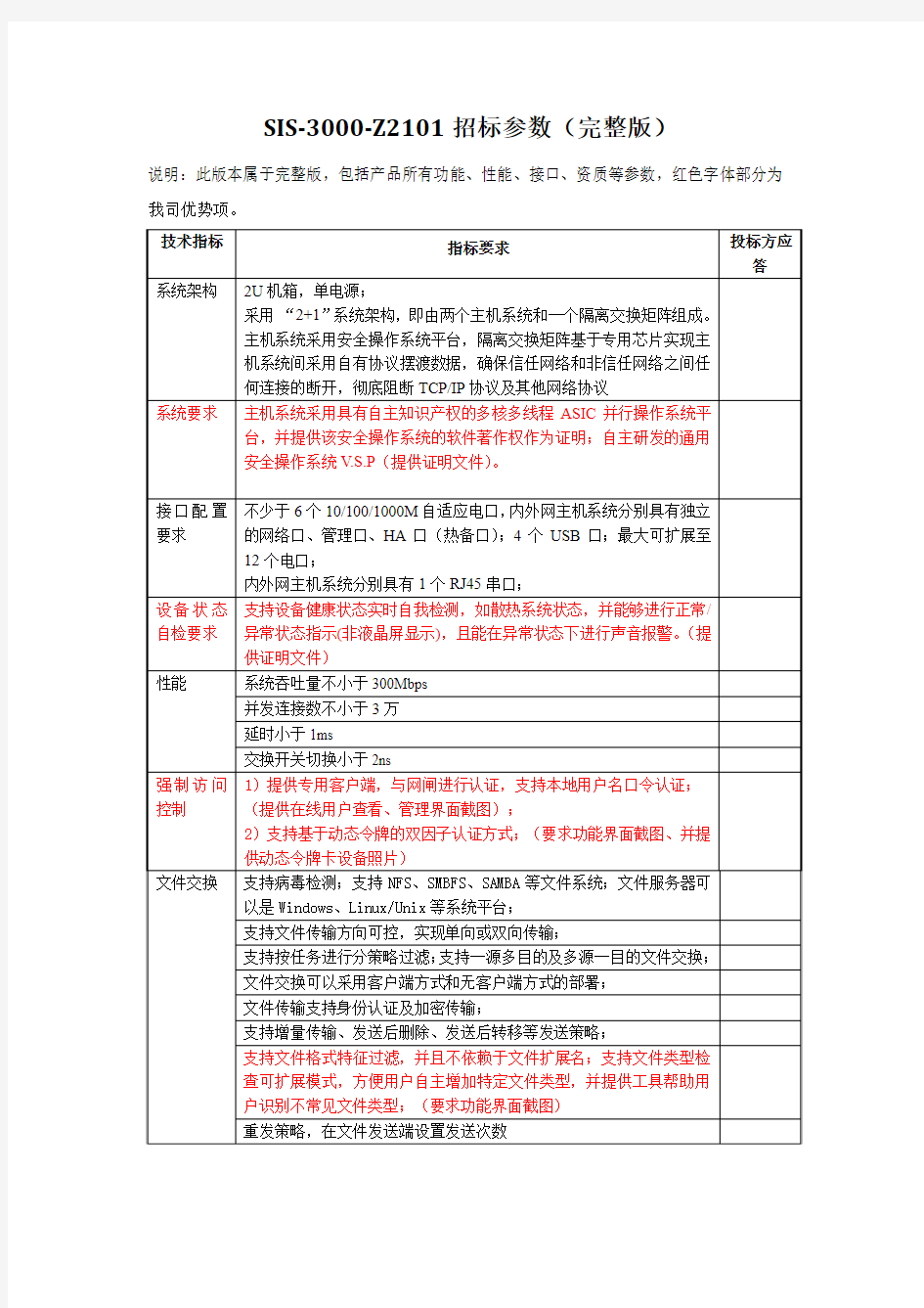 网御星云SIS-3000-Z2101招标参数(完整版)