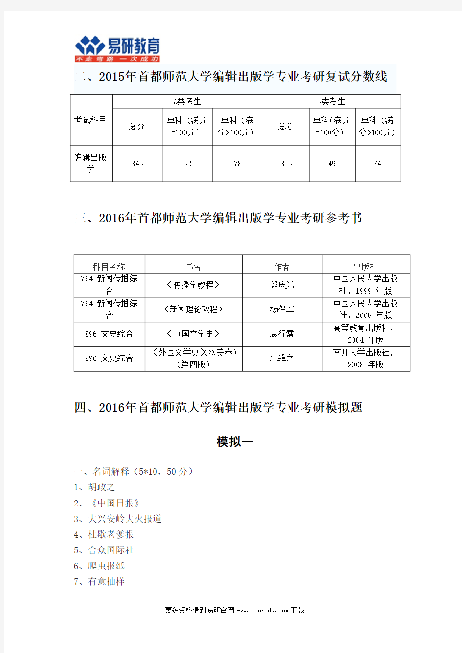 2016首都师范大学编辑出版学考研专业目录招生人数参考书目历年真题复试分数线答题方法