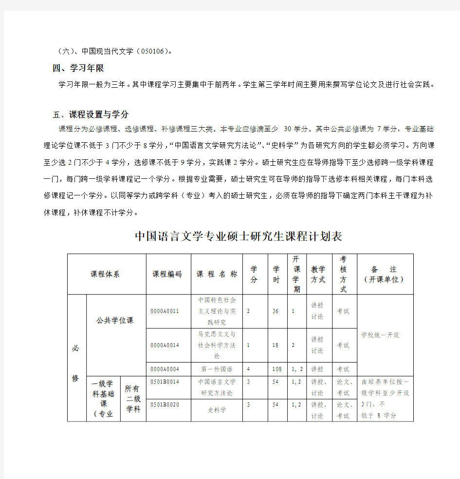 中国语言文学一级学科硕士研究生培养方案