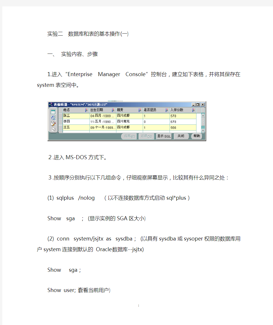 实验2-oracle数据库和表基本操作(一)