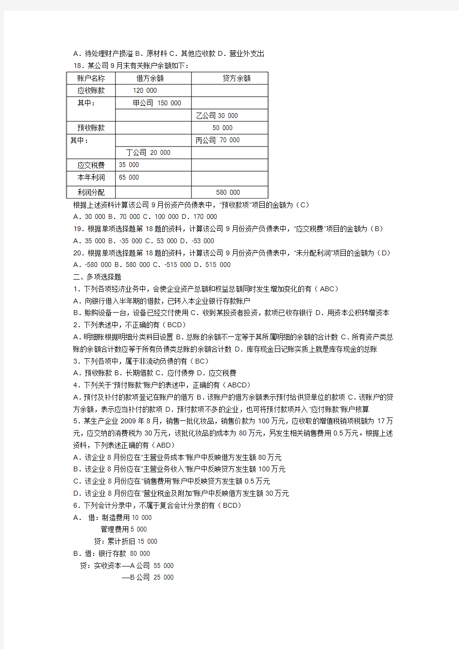 2009年江苏省会计从业资格试题及答案