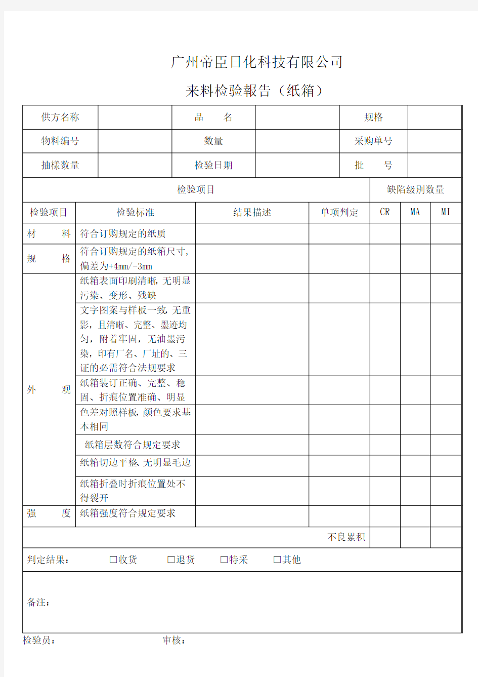 纸箱来料检验报告