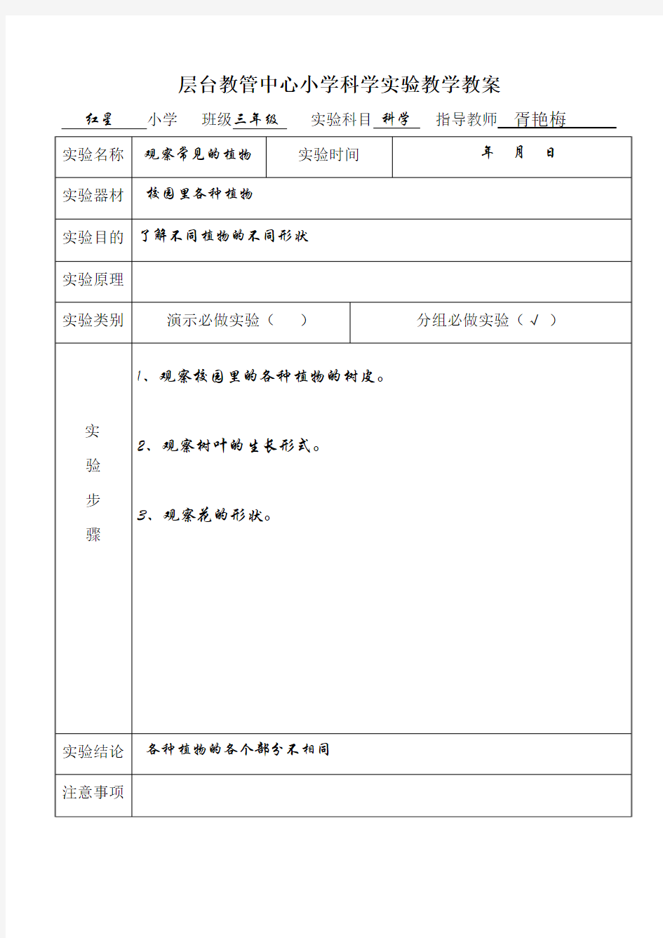 三年级科学上册实验教学教案