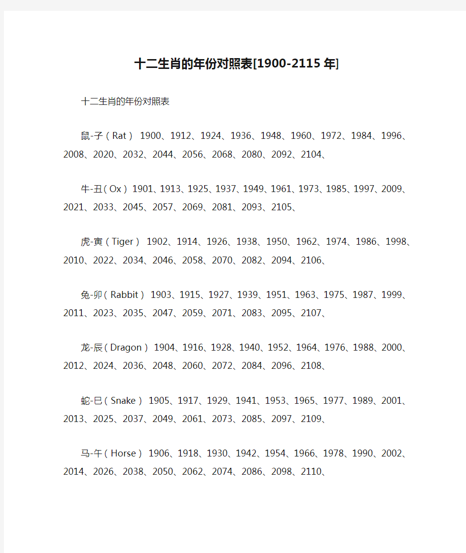 十二生肖的年份对照表[1900-2115年]