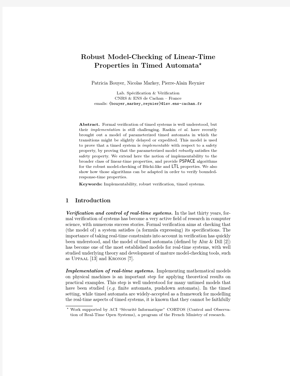 Robust model-checking of linear-time properties in timed automata