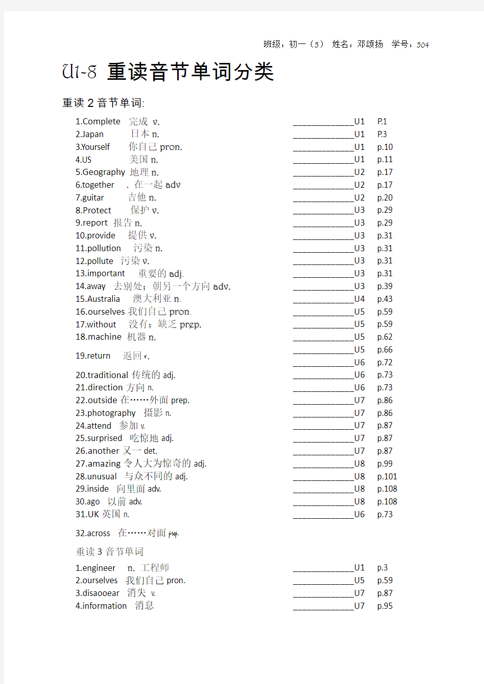 初一上册英语U1-8重读音节单词分类