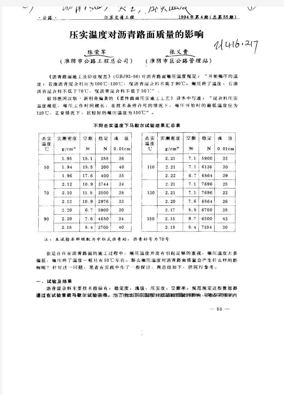 压实温度对沥青路面质量的影响