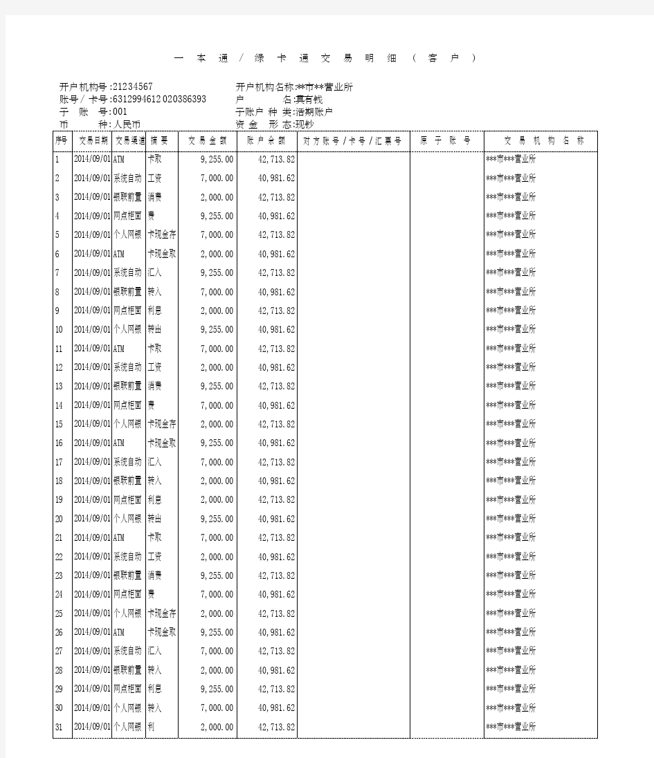 邮政银行卡流水模版