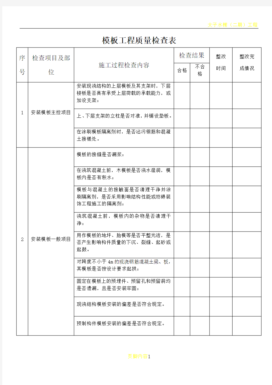 模板工程质量检查表