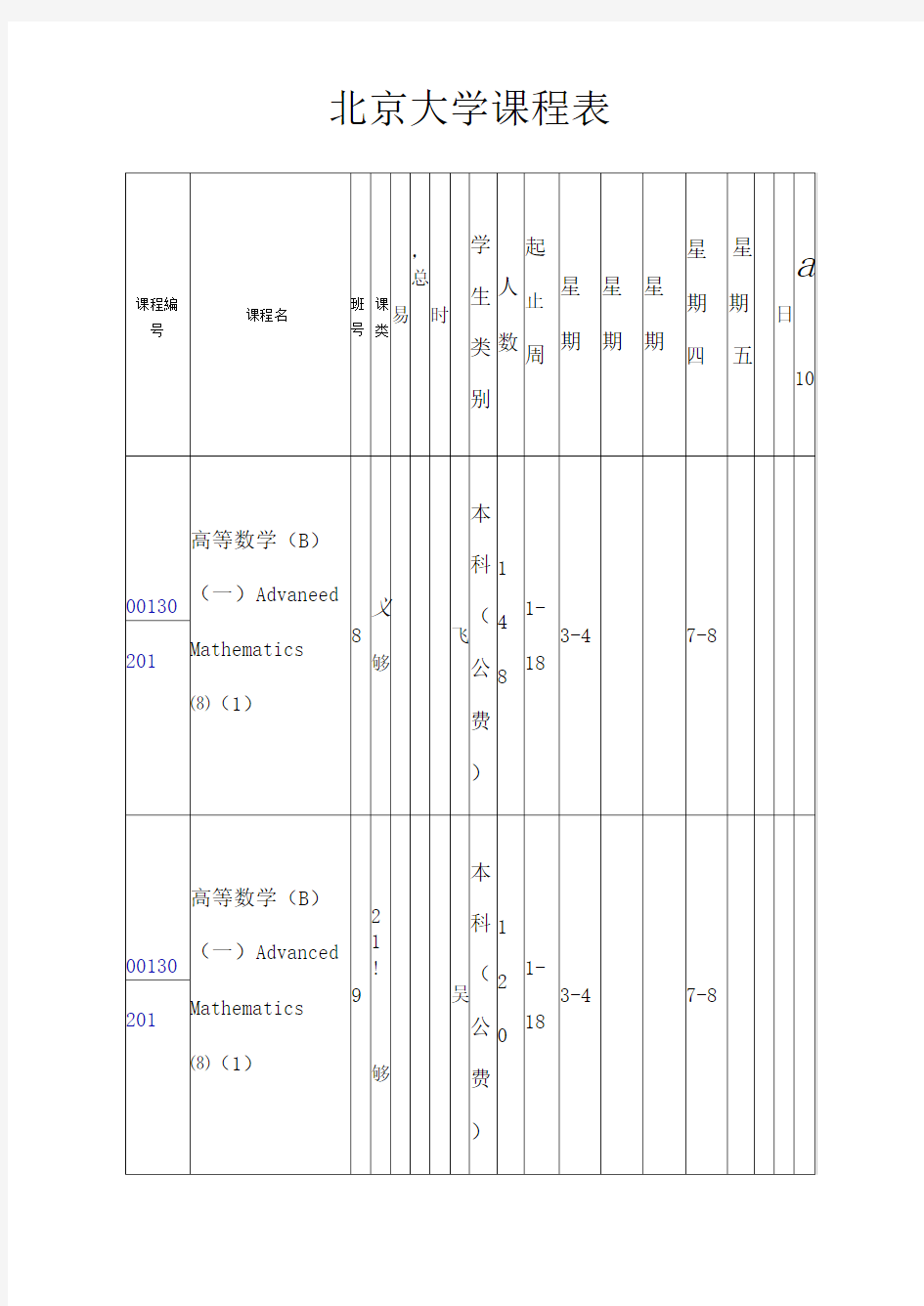 北京大学经济学课程表