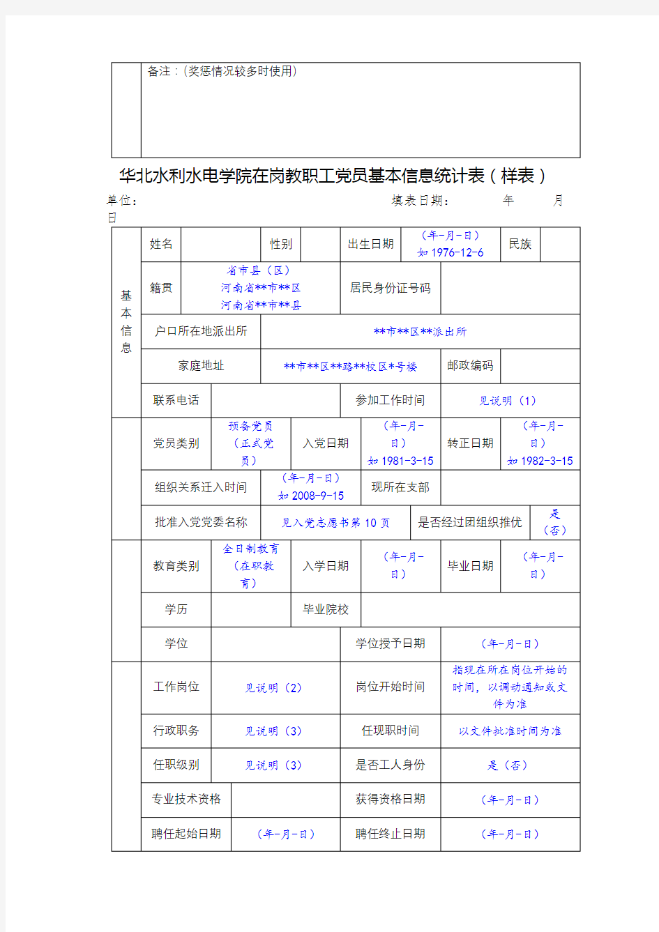 华北水利水电学院在岗教职工党员基本信息统计表【模板】