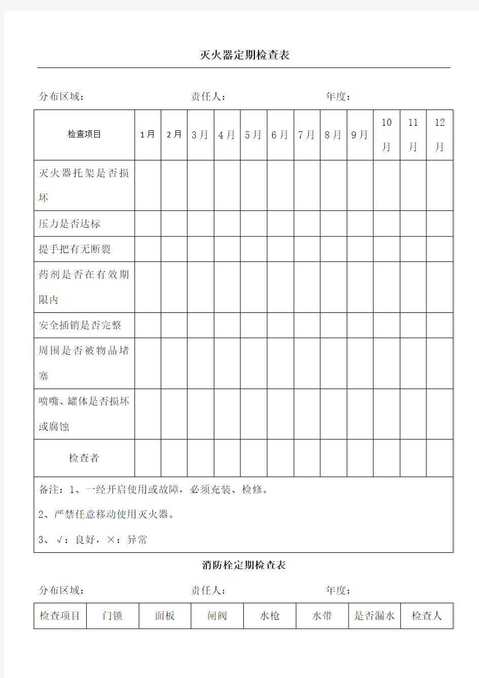 灭火器消防栓检查表