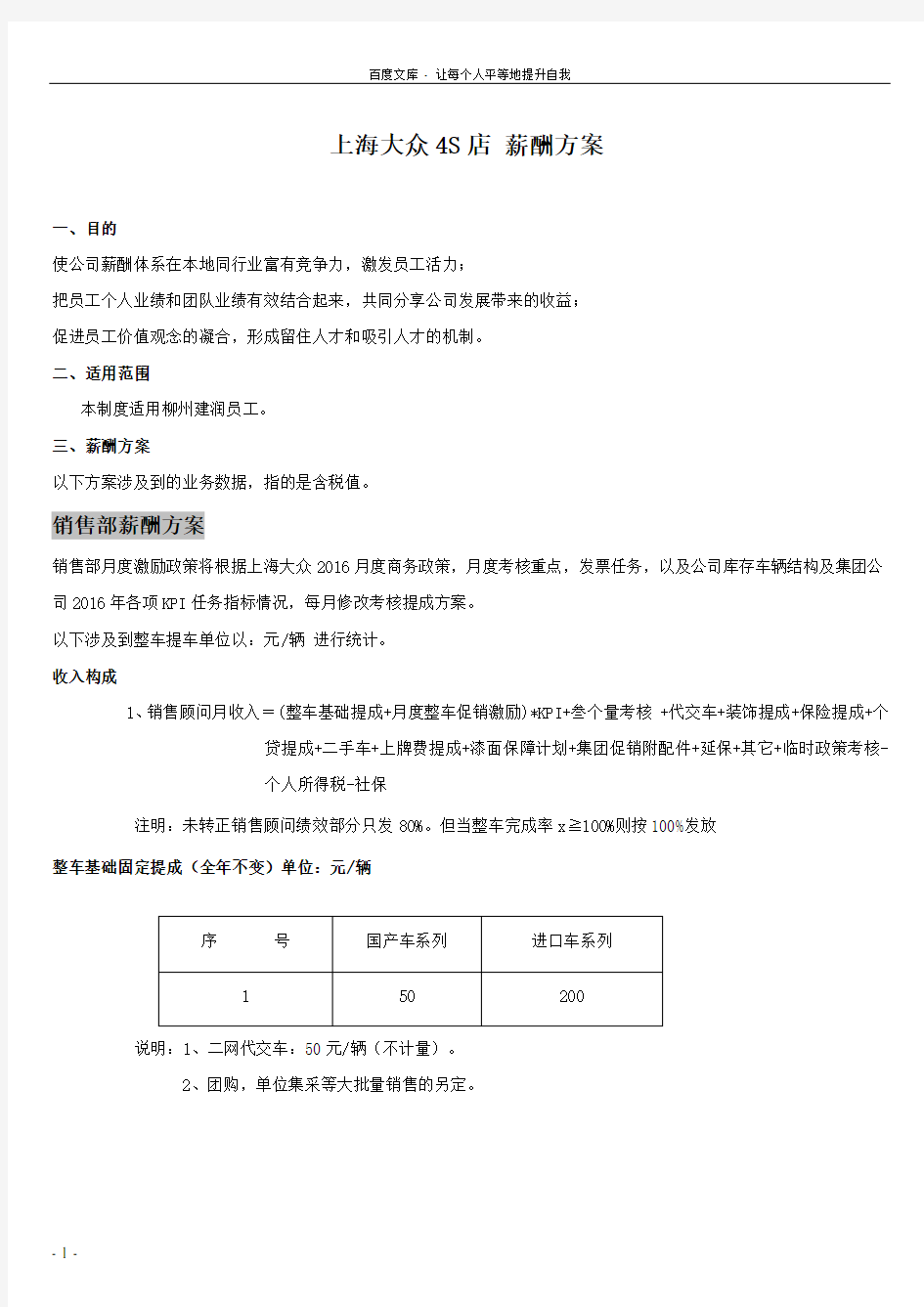 汽车4S店 薪酬方案(上海大众)