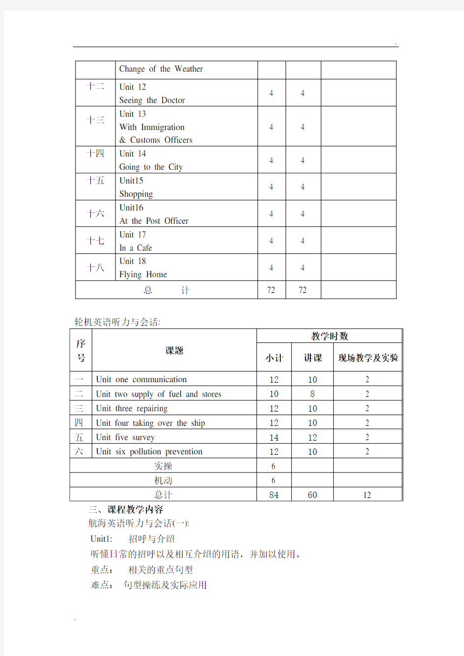 《轮机英语听力与会话》教学大纲