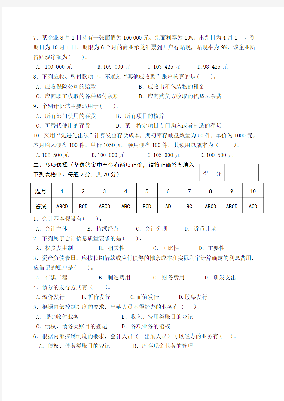 财务会计学期末考试试卷及答案.