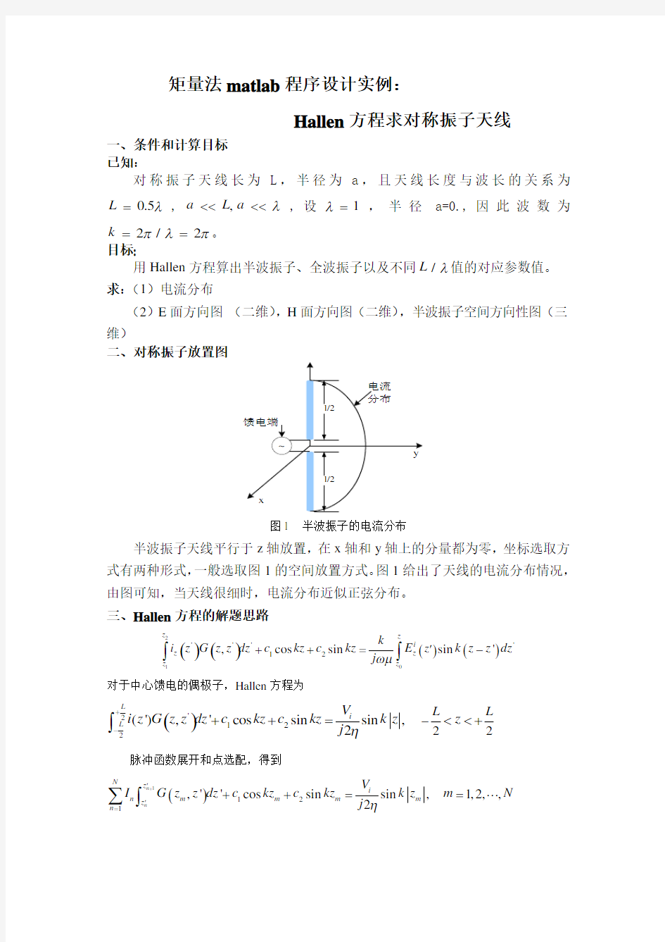 矩量法matlab程序设计实例Hallen方程求对称振子天线