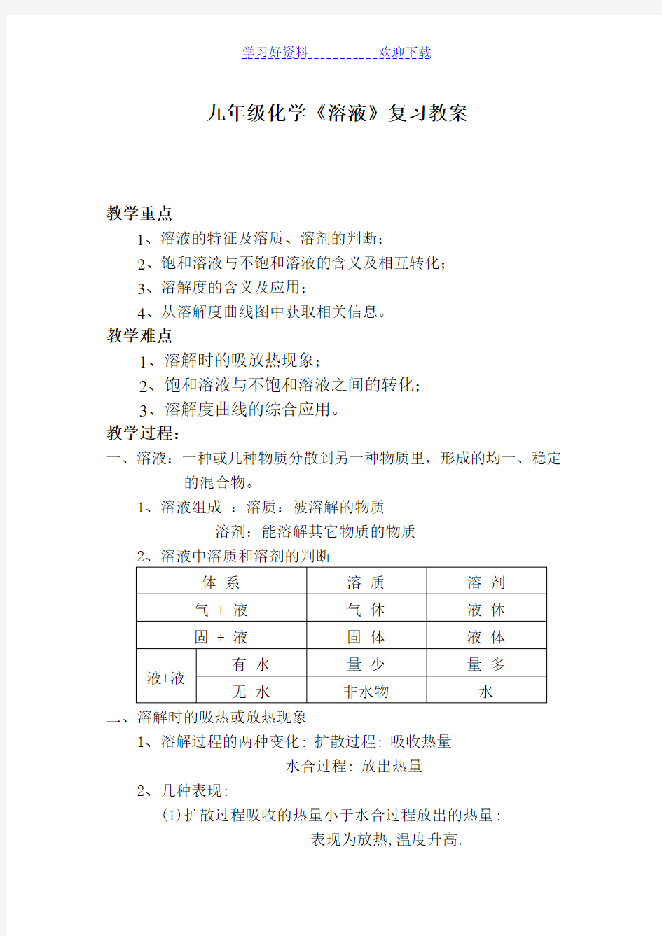 九年级化学《溶液》复习教案