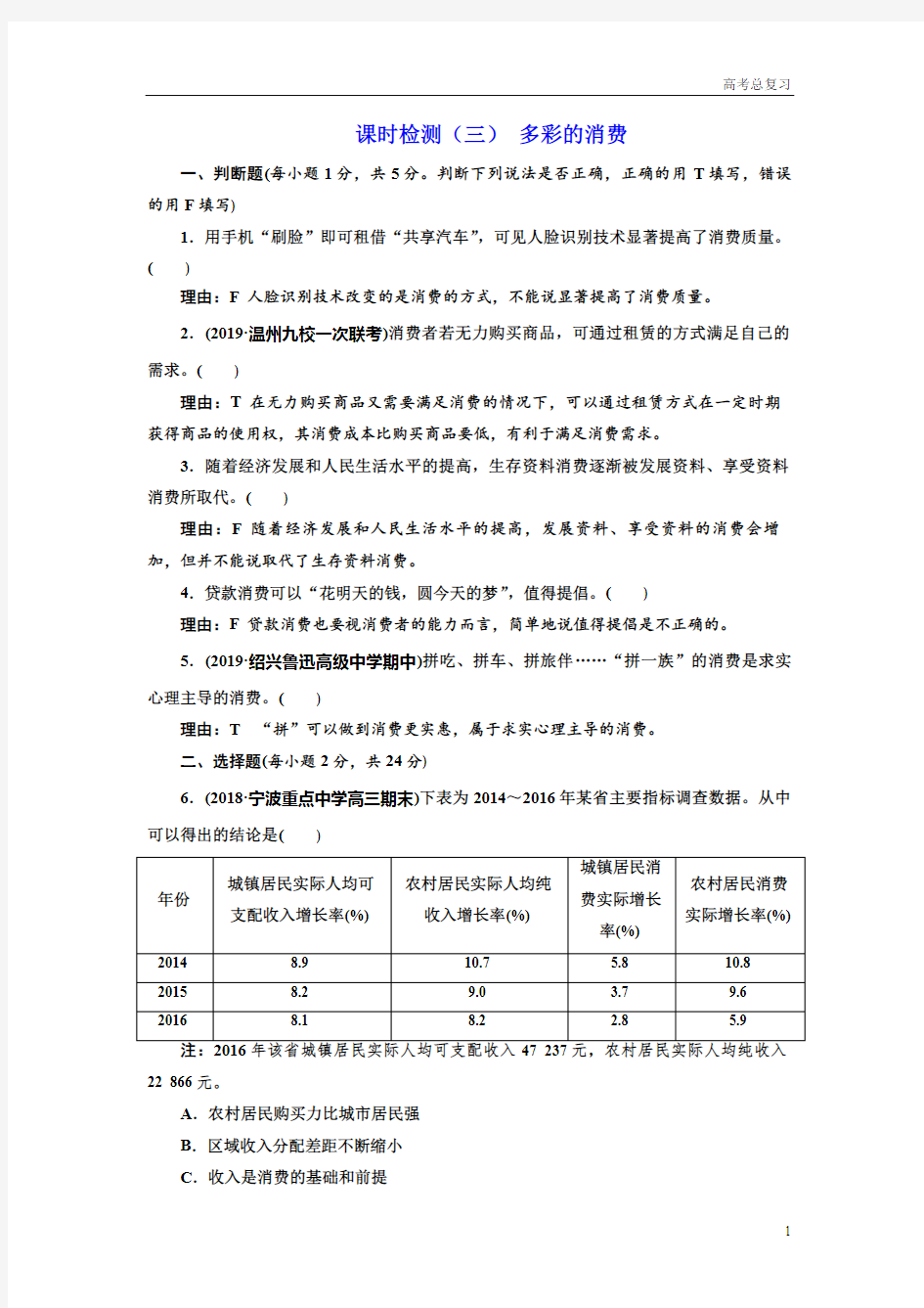 2021年高考《政治》测试题(三) 多彩的消费