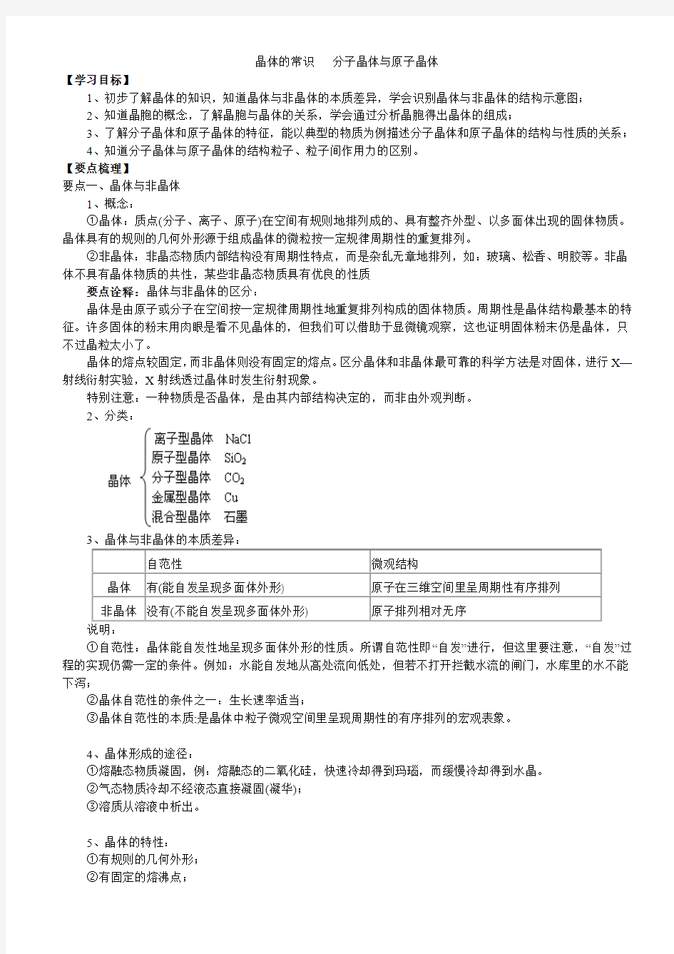 2017-2018学年度高二化学《晶体的常识   分子晶体与原子晶体》知识点总结+典例解析