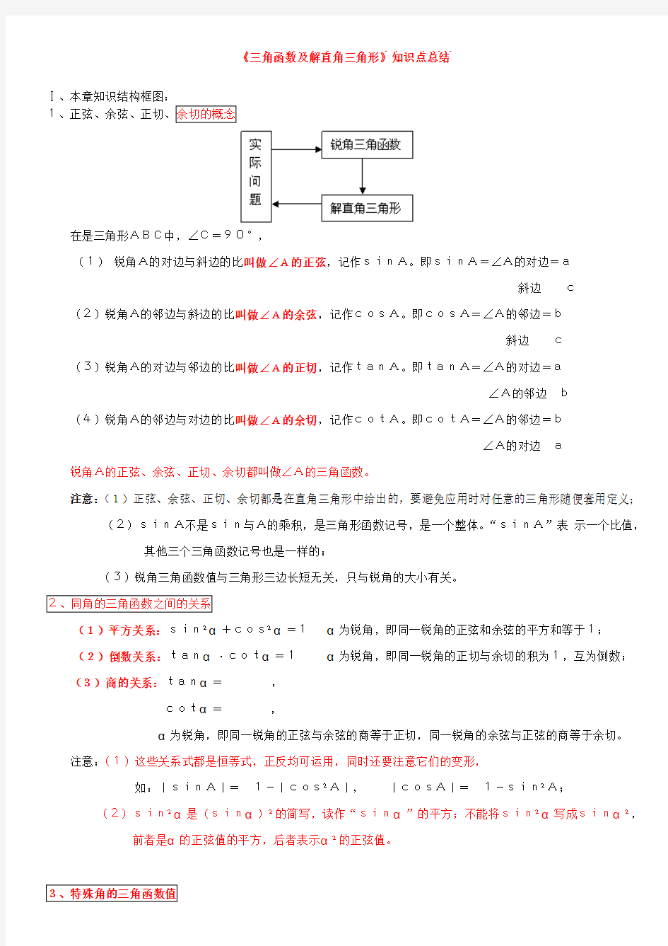 三角函数及解直角三角形知识点总结 