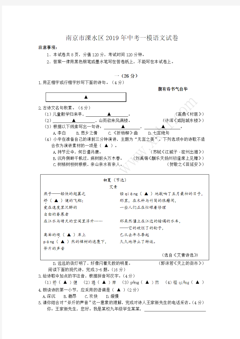 南京市溧水区2019年中考一模语文试卷及答案