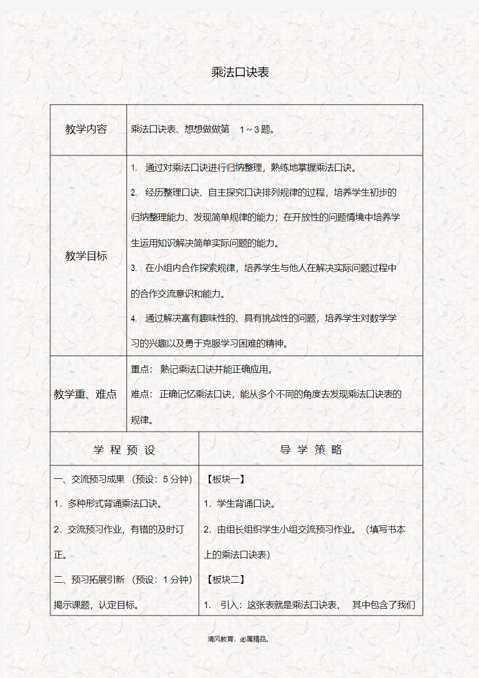 最新苏教版二年级数学上册乘法口诀表教案