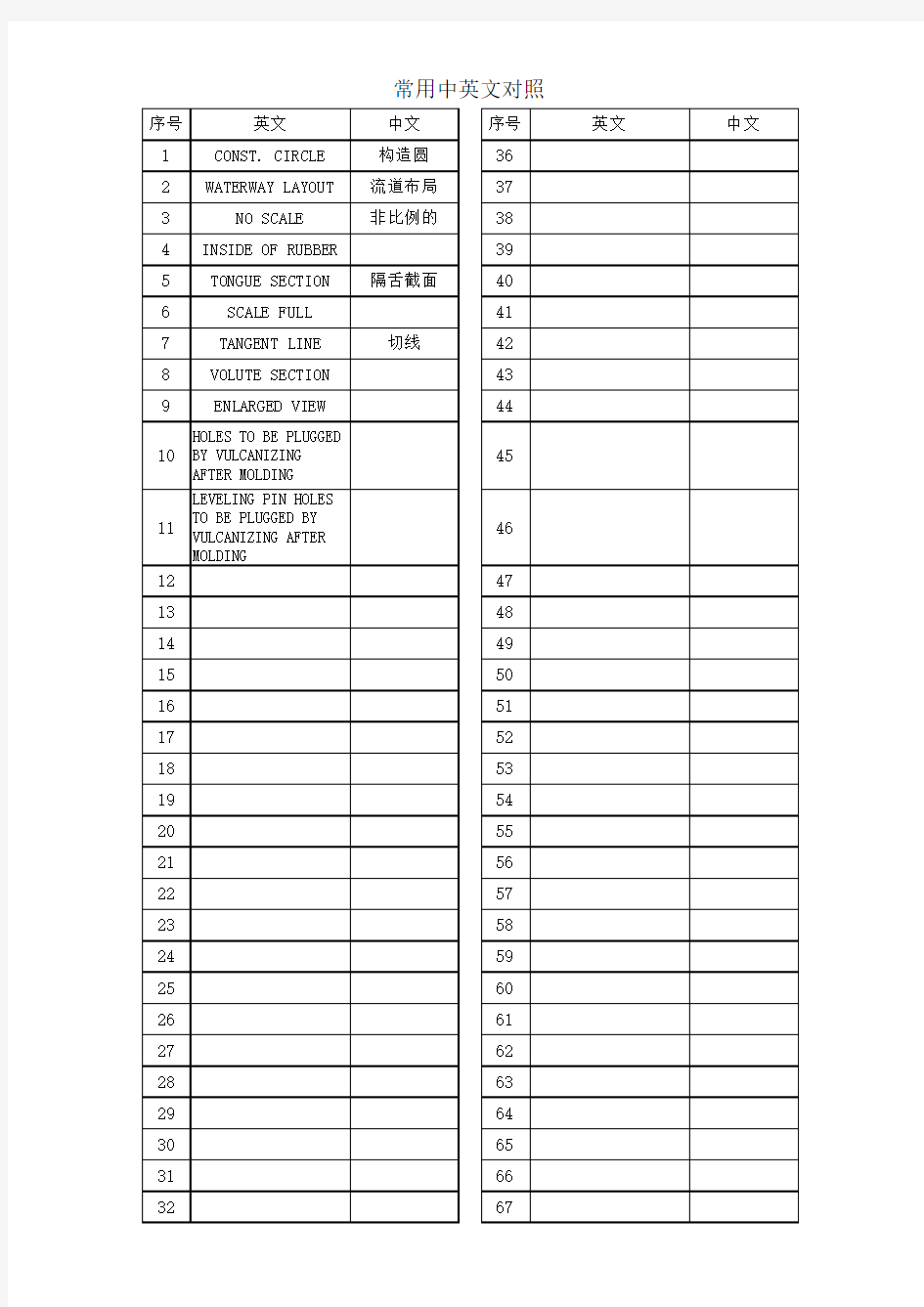 图纸中英文对照