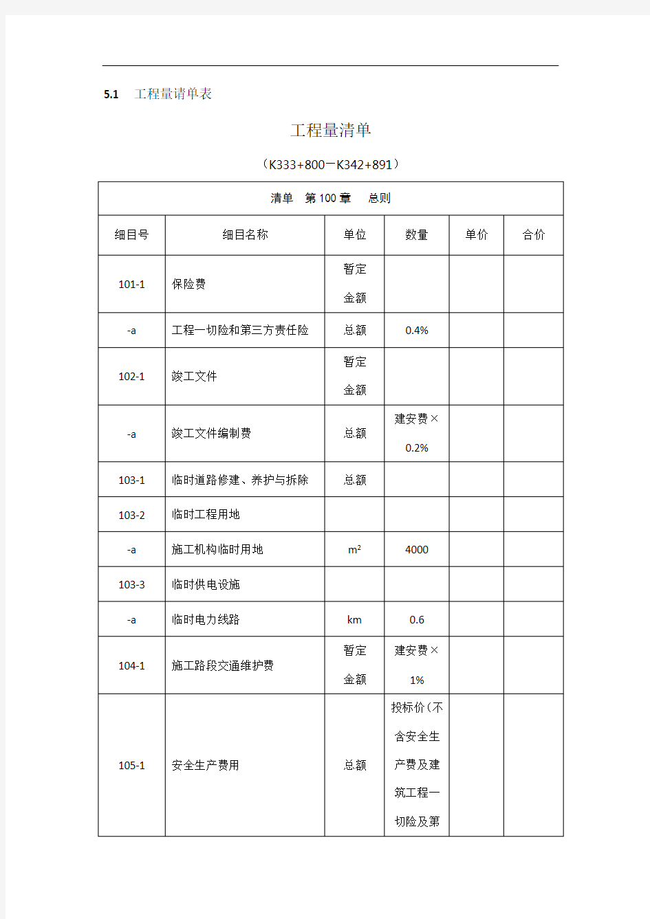 公路工程量清单范本