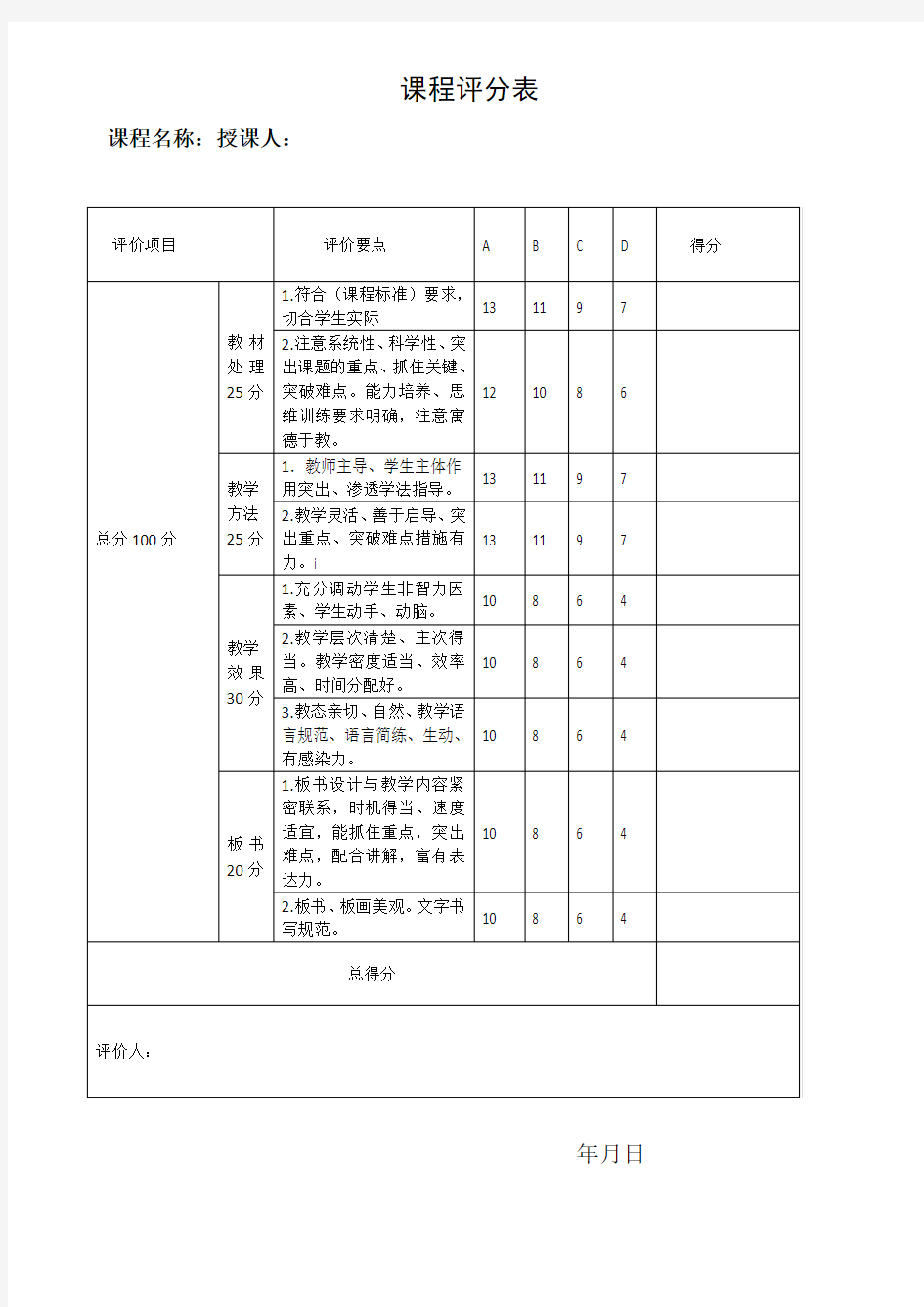 评课评分表格