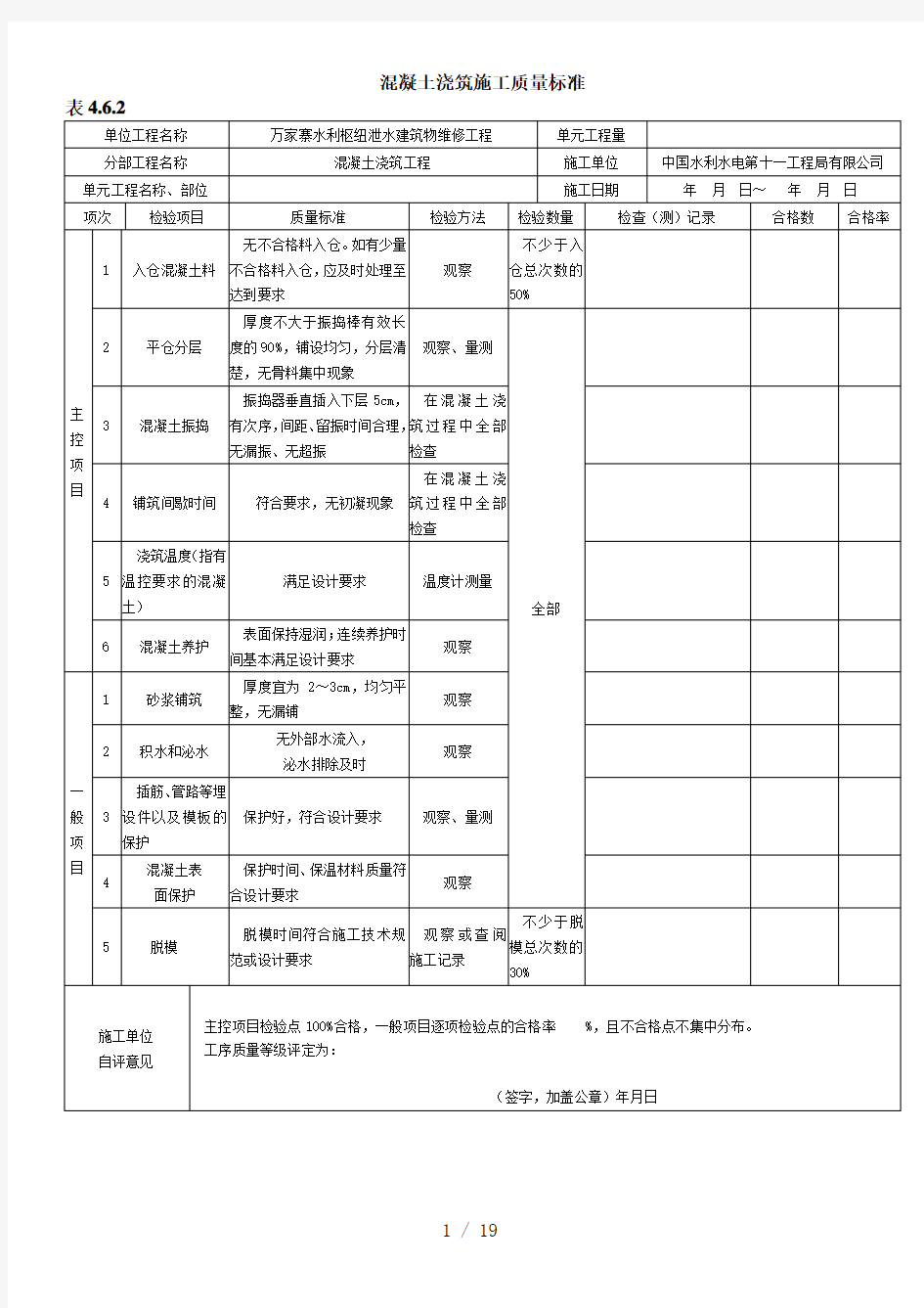 混凝土浇筑质量检查验收表