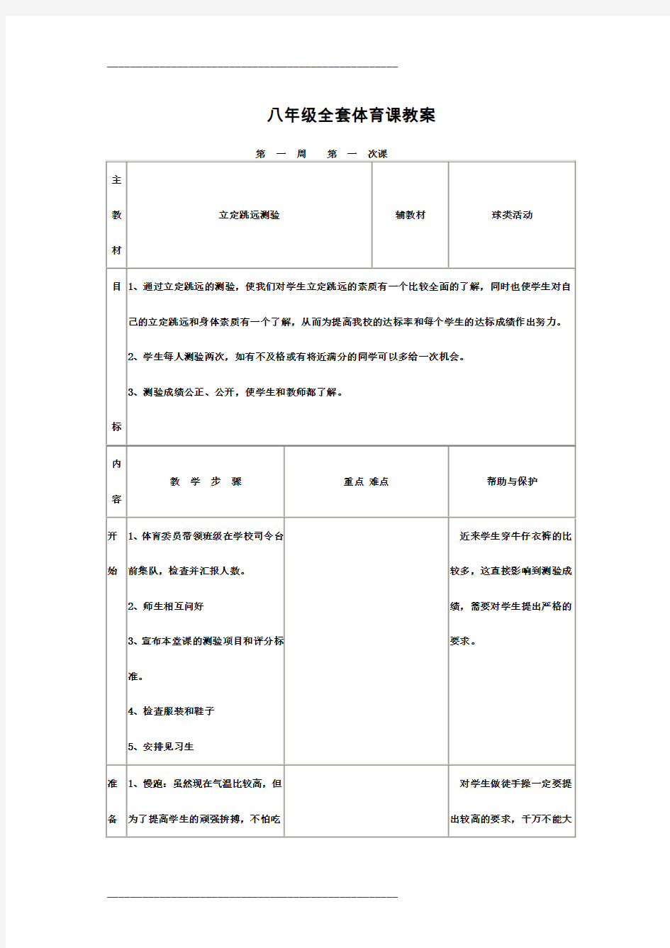 八年级全套体育课教案