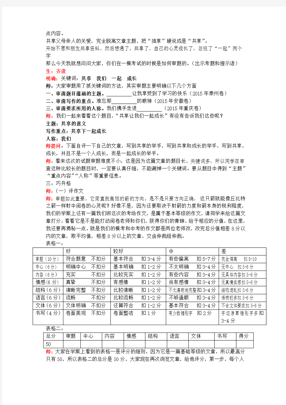 中考语文第一次模拟考试作文评讲