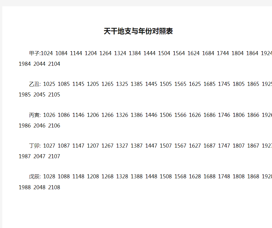 天干地支与年份对照表