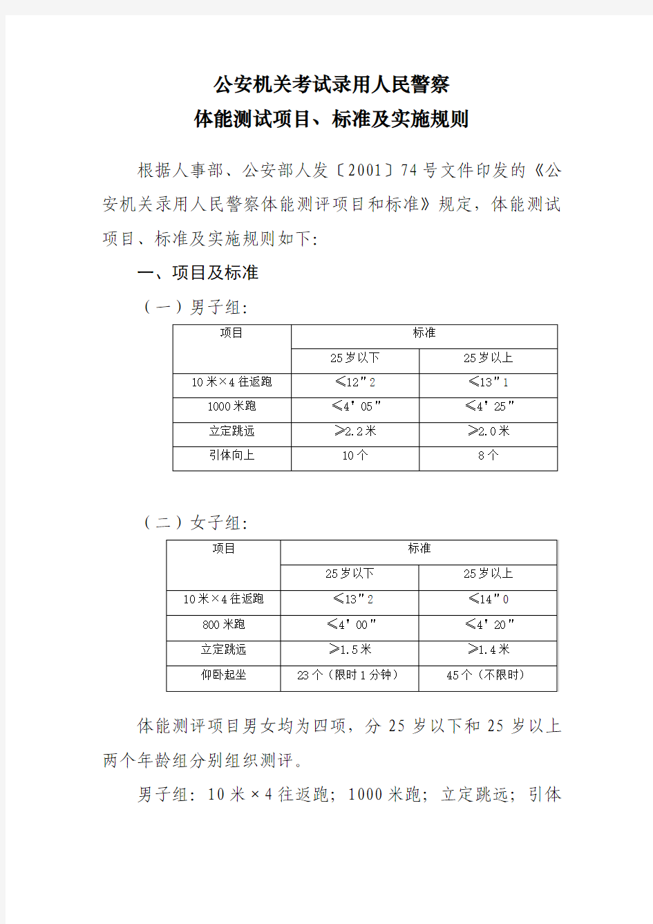 人民警察体能测试项目、标准及实施规则