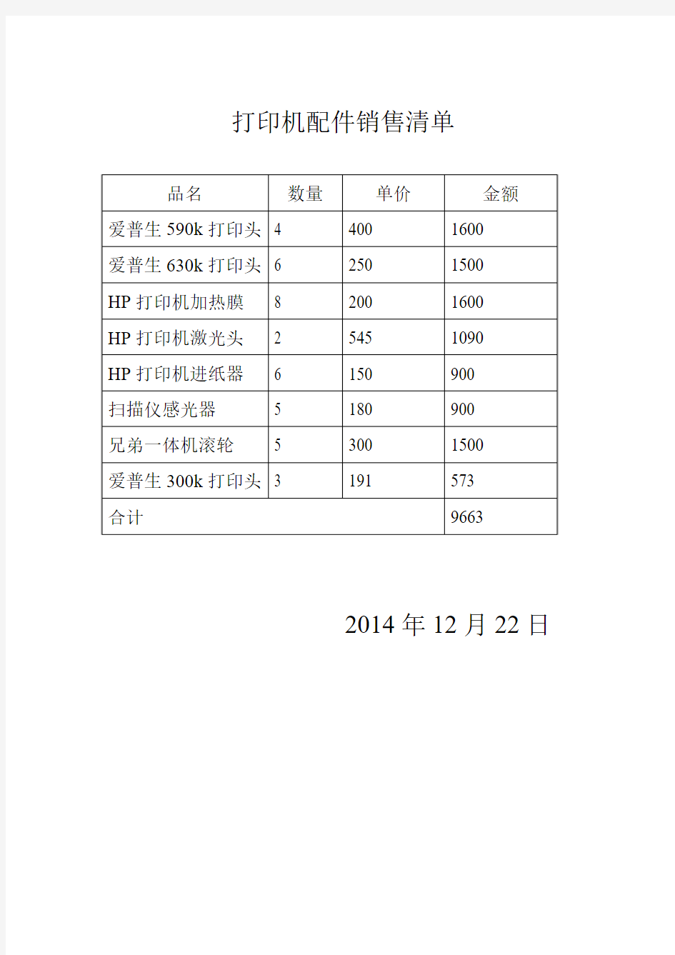 打印机配件销售清单