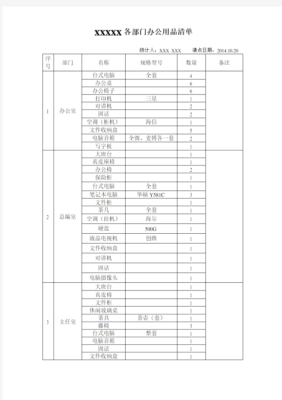 办公室用品及设备清单