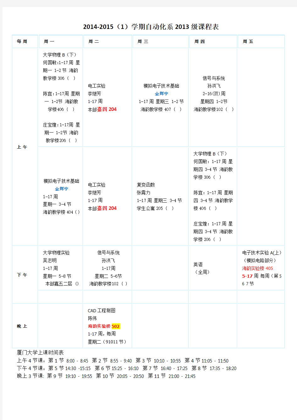 厦门大学自动化系2013级课程表