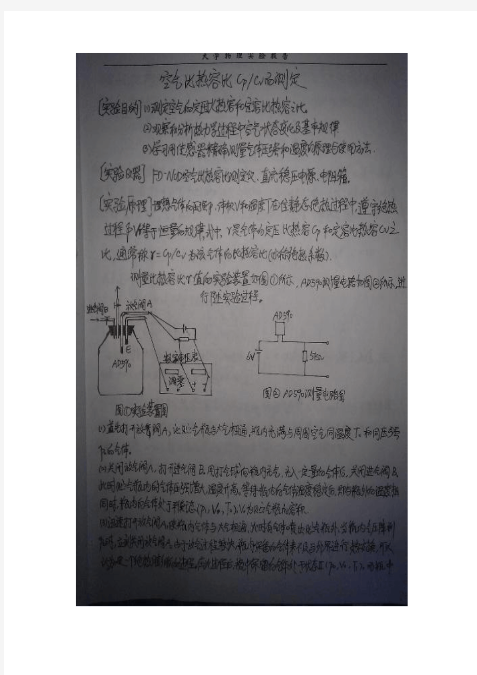 空气比热容比Cp：Cv的测定