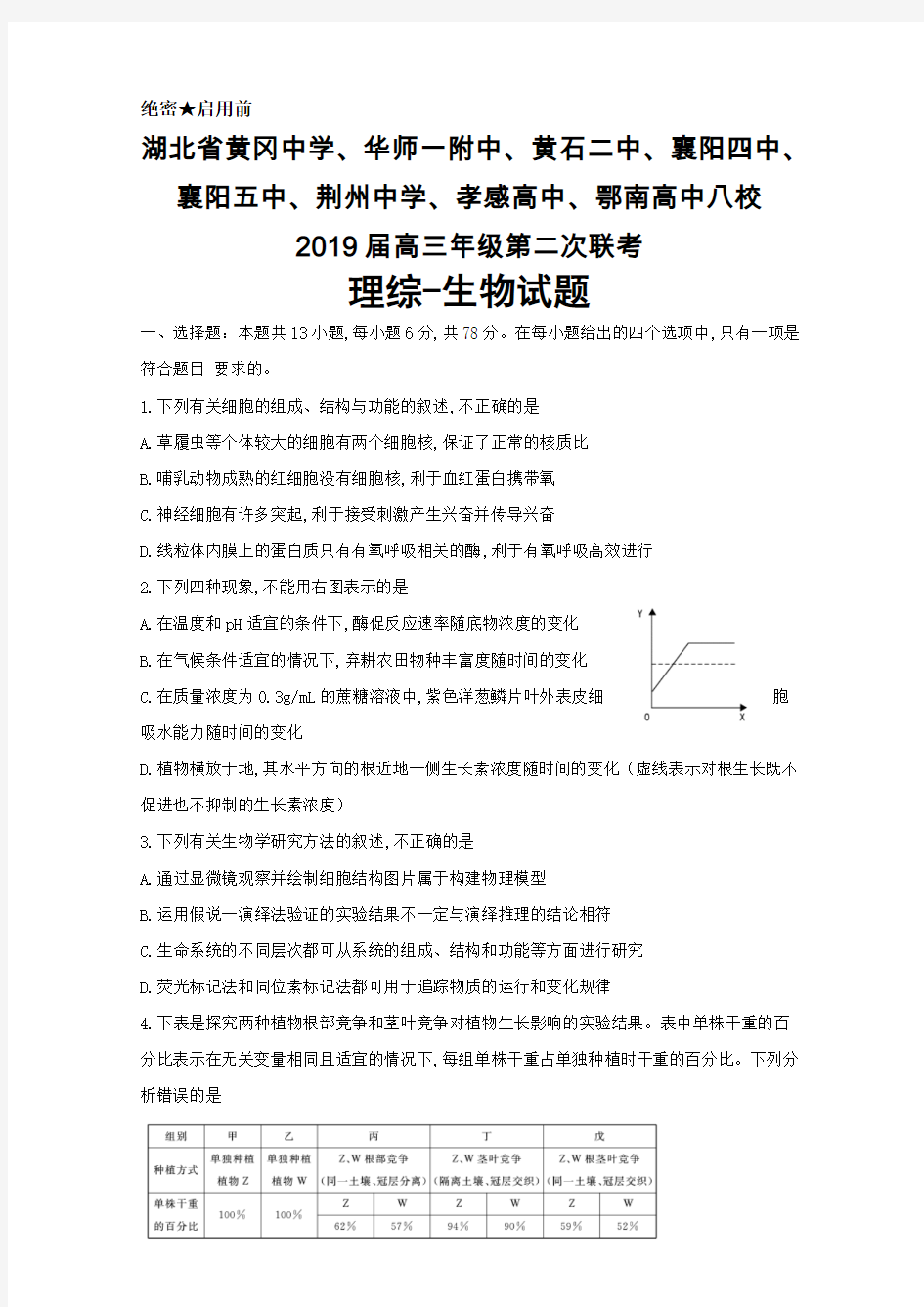 2019届湖北省黄冈中学、华师一附中、襄阳四中、襄阳五中、荆州中学等八校高三第二次联考生物试题及答案