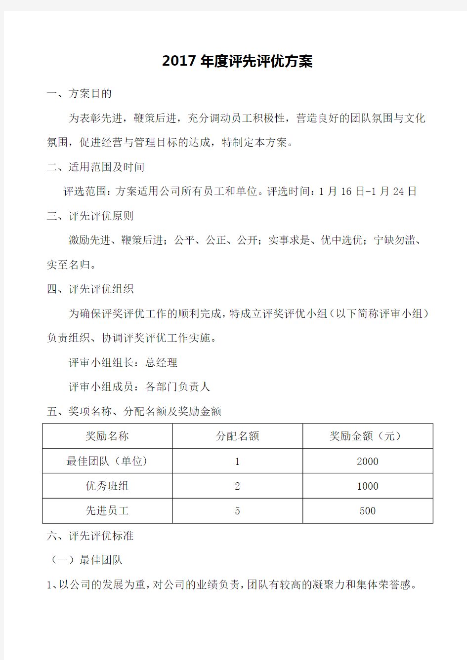 2017年度评先评优方案