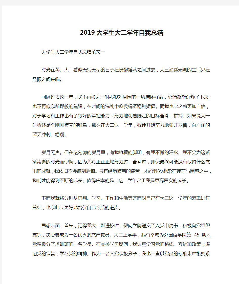 2019大学生大二学年自我总结